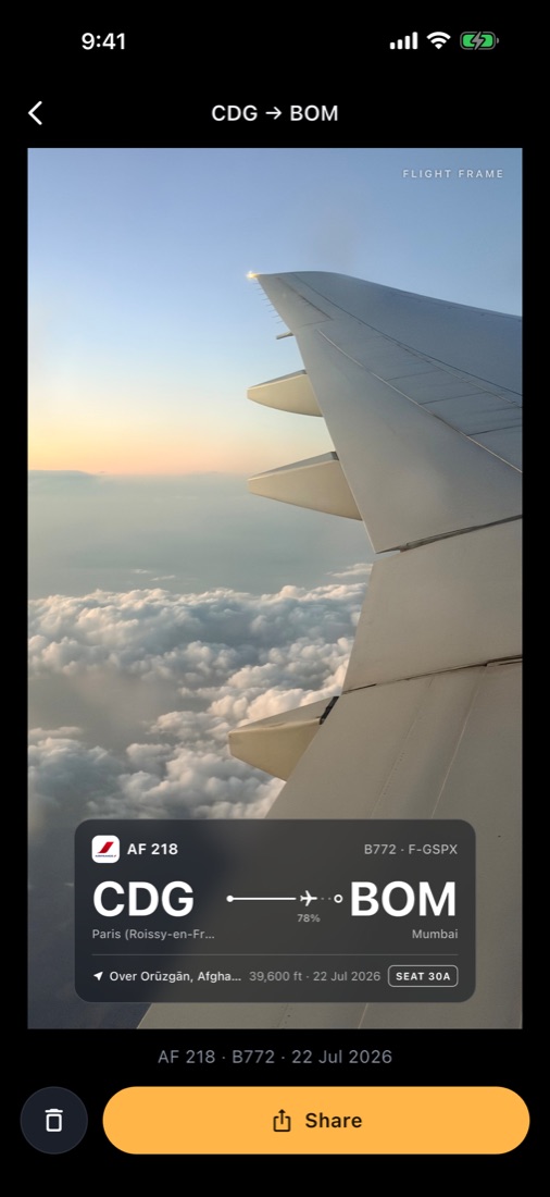 A wing-view photo over clouds with a Flight Frame card: AF 218, CDG to BOM, seat 30A