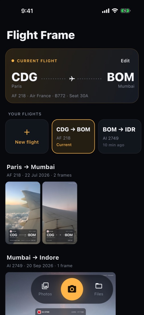 Flight Frame home screen with the current flight and saved frames